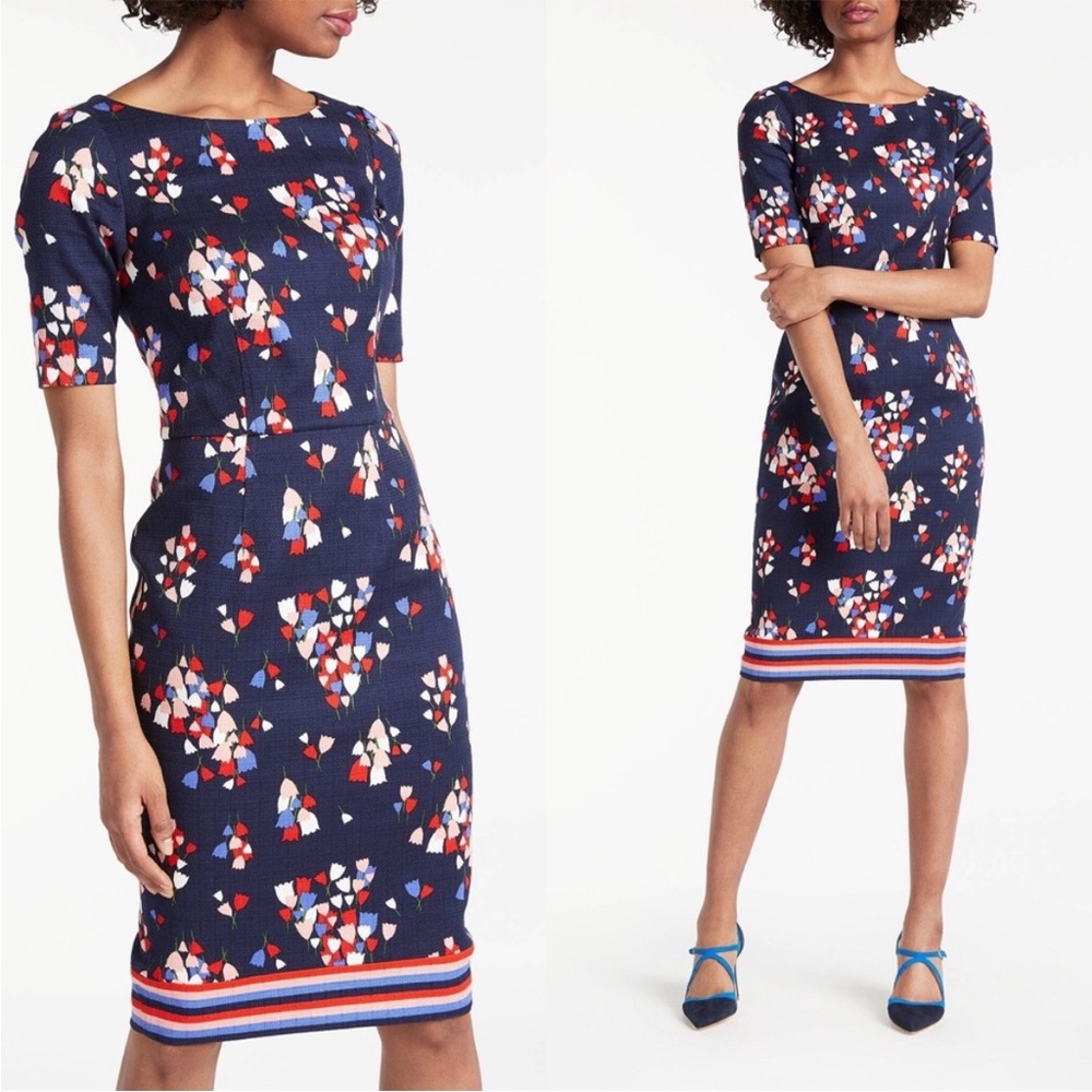 Boden Navy Floral Mosaic Midi Dress with Red, White & Blue Trim